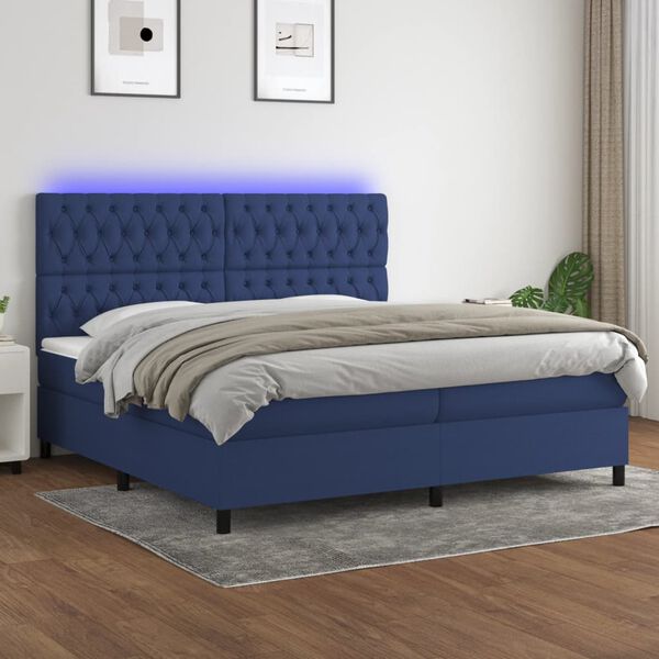 vidaXL Boxspringbett mit Matratze & LED Blau 200x200 cm Stoff