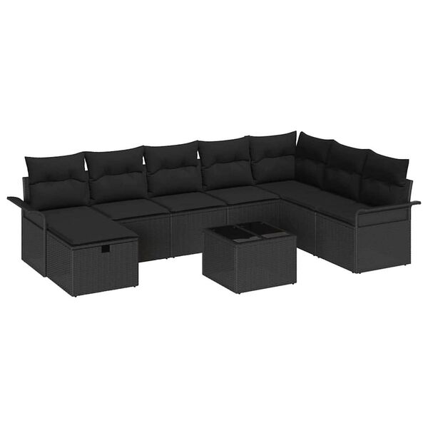 vidaXL Garten-Sofa-Set mit Kissen 9 pcs Schwarz Poly Rattan