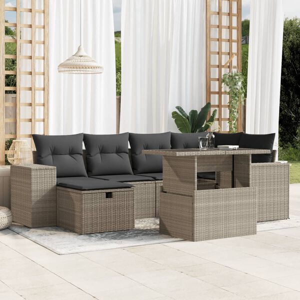 vidaXL 7-tlg. Garten-Sofagarnitur mit Kissen Hellgrau Poly Rattan