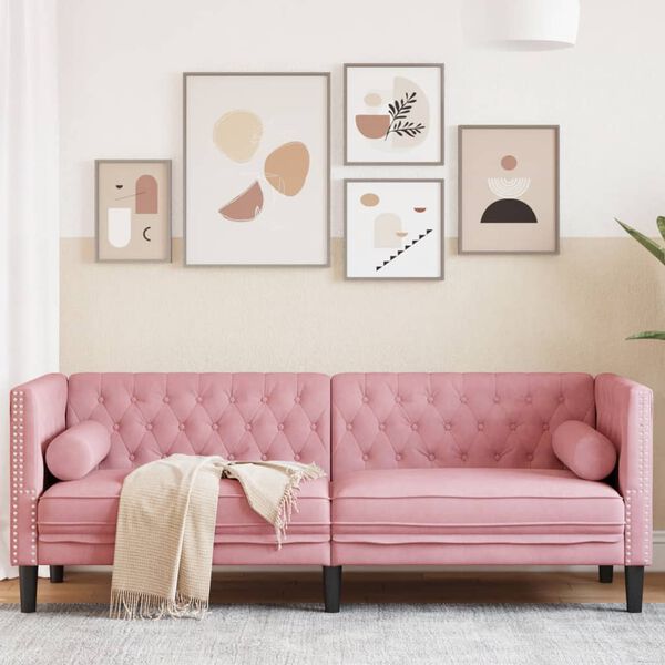 vidaXL Chesterfield-Sofa mit Nackenrollen 3-Sitzer Rosa Samt