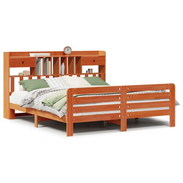 vidaXL Massivholzbett mit Regal ohne Matratze Wachsbraun 200x200 cm