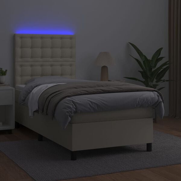 vidaXL Boxspringbett mit Matratze & LED Creme 90x200 cm Kunstleder