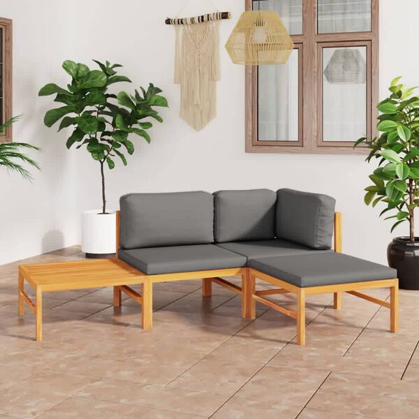 vidaXL 4-tlg. Garten-Lounge-Set mit Grauen Kissen Massivholz Teak