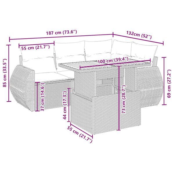 vidaXL 5-tlg. Garten-Sofagarnitur mit Kissen Beige Poly Rattan