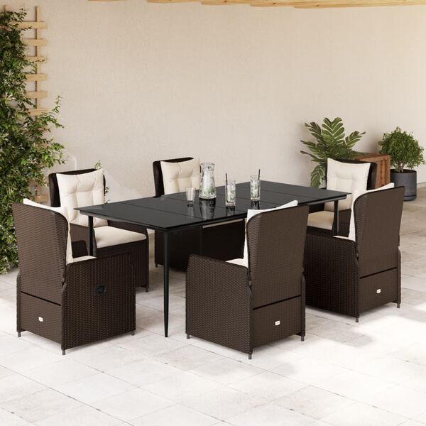 vidaXL 7-tlg. Garten-Essgruppe mit Kissen Braun Poly Rattan