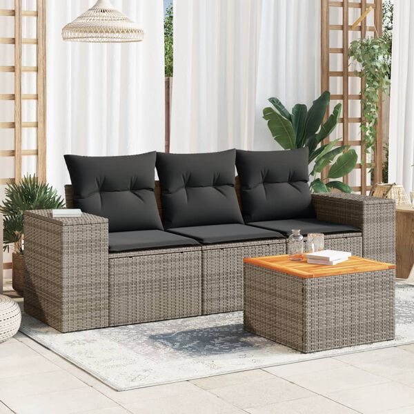 vidaXL 4-tlg. Garten-Sofagarnitur mit Kissen Grau Poly Rattan