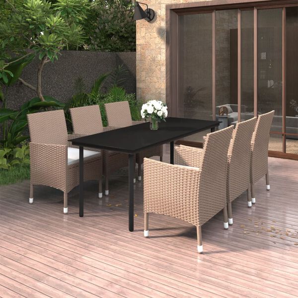 vidaXL 7-tlg. Garten-Essgruppe mit Auflagen Poly Rattan und Glas