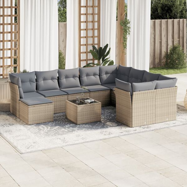 vidaXL 11-tlg. Garten-Sofagarnitur mit Kissen Beige Poly Rattan