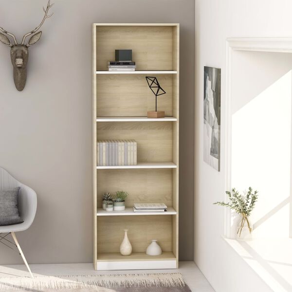 vidaXL B&uuml;cherregal 5 F&auml;cher Wei&szlig; Sonoma-Eiche 60x24x175 Holzwerkstoff