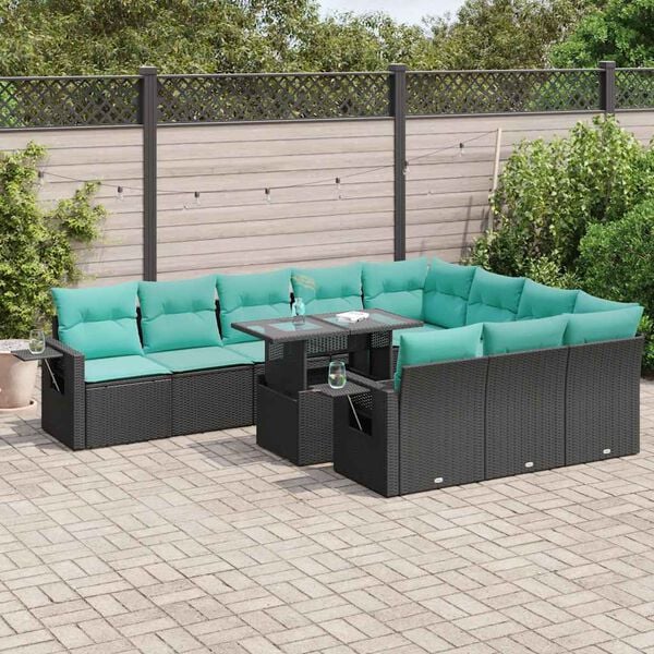 vidaXL 11-tlg. Garten-Sofagarnitur mit Kissen Schwarz Poly Rattan