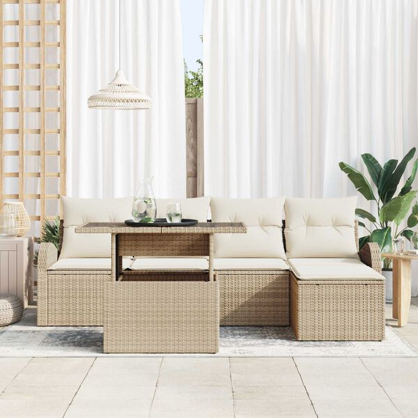 vidaXL Garten-Sofa-Set mit Kissen mit Speicher 6 pcs Beige Poly Rattan