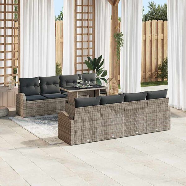 vidaXL Gartensofa-set mit Kissen mit Speicher 9 pcs Grau Poly Rattan