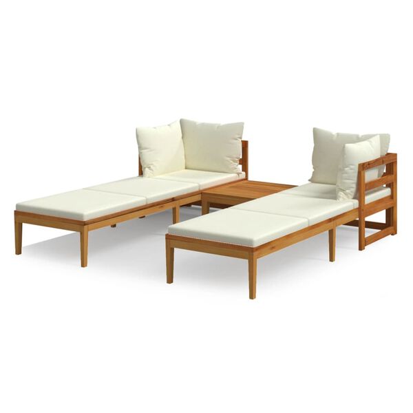 vidaXL 3-tlg. Garten-Lounge-Set mit Cremeweißen Kissen Massivholz Akazie