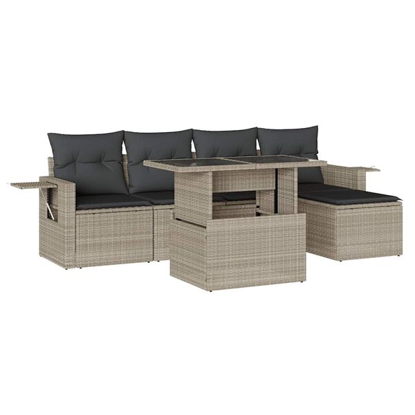 vidaXL 6-tlg. Garten-Sofagarnitur mit Kissen Hellgrau Poly Rattan