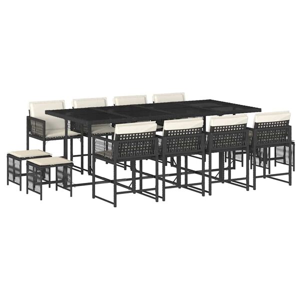 vidaXL 13-tlg. Garten-Essgruppe mit Kissen Schwarz Poly Rattan