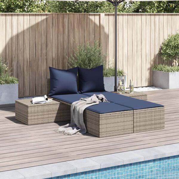 vidaXL Doppel-Sonnenliege mit Kissen Grau Poly Rattan