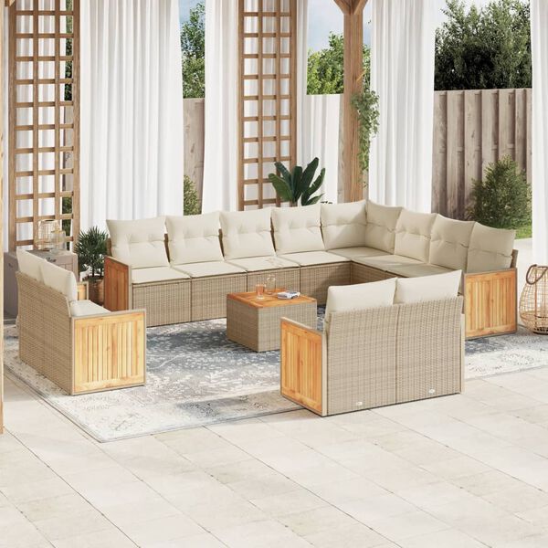 vidaXL 13-tlg. Garten-Sofagarnitur mit Kissen Beige Poly Rattan