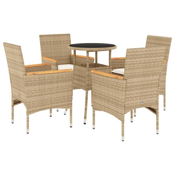 vidaXL 5-tlg. Garten-Essgruppe mit Kissen Beige Poly Rattan und Glas