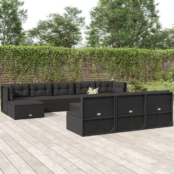 vidaXL 10-tlg. Garten-Lounge-Set mit Kissen Schwarz Poly Rattan
