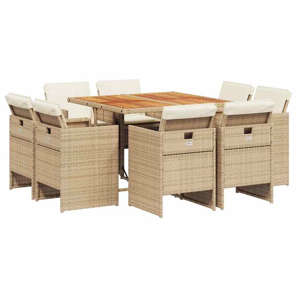 vidaXL 9-tlg. Garten-Essgruppe mit Kissen Beige Poly Rattan