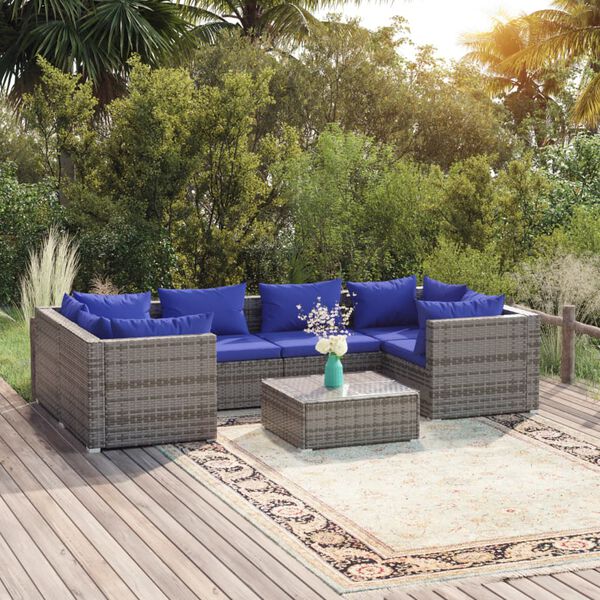 vidaXL 7-tlg. Garten-Lounge-Set mit Kissen Poly Rattan Grau