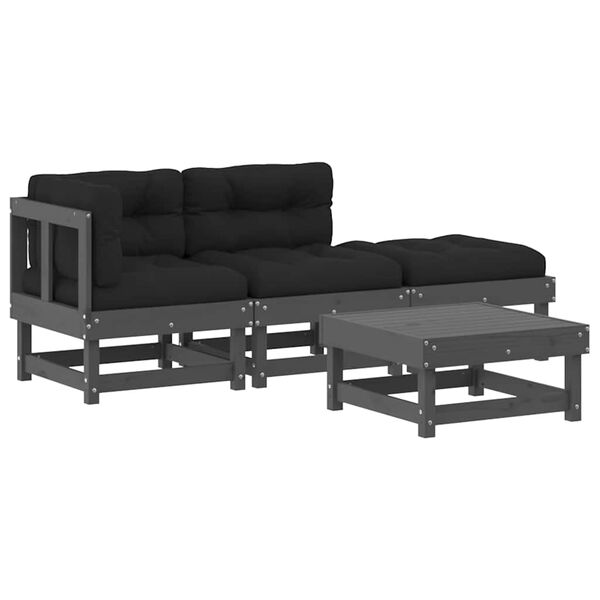 vidaXL 4-tlg. Garten-Lounge-Set mit Kissen Grau Massivholz