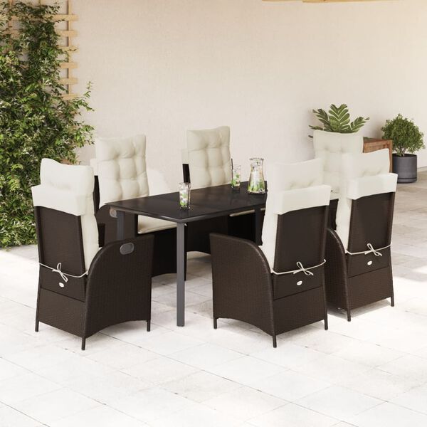 vidaXL 7-tlg. Garten-Essgruppe mit Kissen Braun Poly Rattan