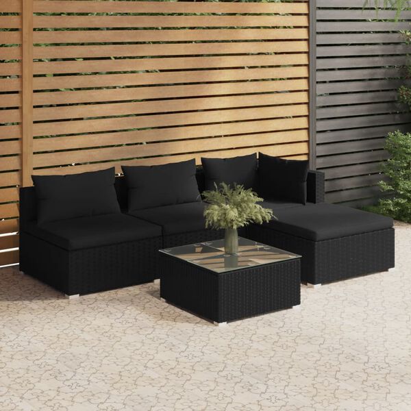 vidaXL 5-tlg. Garten-Lounge-Set mit Kissen Poly Rattan Schwarz