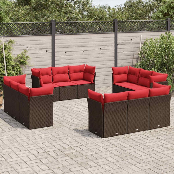 vidaXL 12-tlg. Garten-Sofagarnitur mit Kissen Braun Poly Rattan