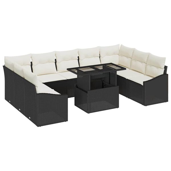 vidaXL Sofa Set mit Kissen 10 pcs Schwarz und Creme Poly-Rattan