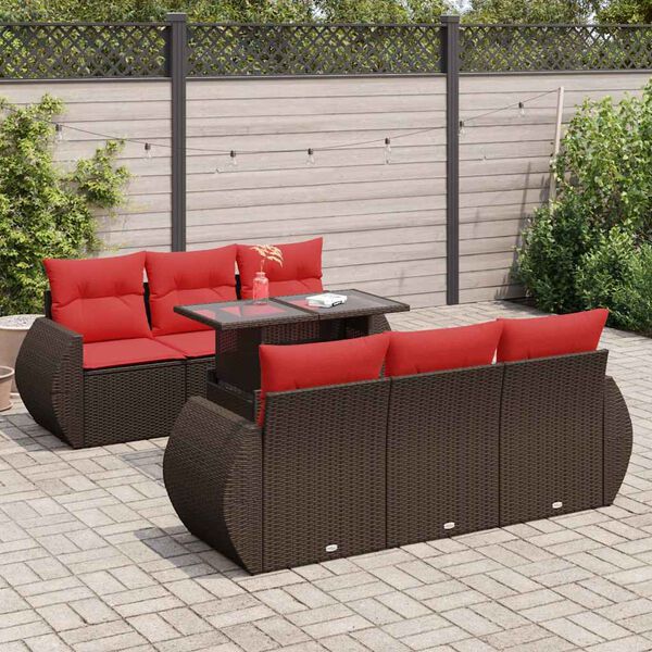 vidaXL 7-tlg. Garten-Sofagarnitur mit Kissen Braun Poly Rattan Akazie