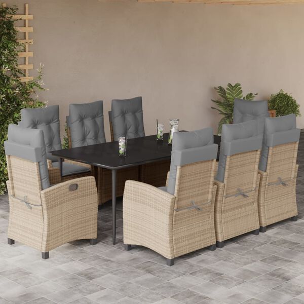 vidaXL 9-tlg. Garten-Essgruppe mit Kissen Beigemischung Poly Rattan