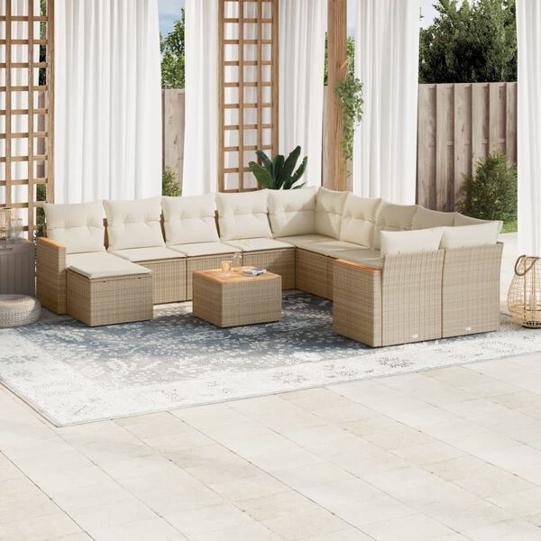vidaXL 12-tlg. Garten-Sofagarnitur mit Kissen Beige Poly Rattan