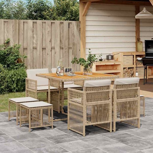 vidaXL 9-tlg. Garten-Essgruppe mit Kissen Beige Poly Rattan