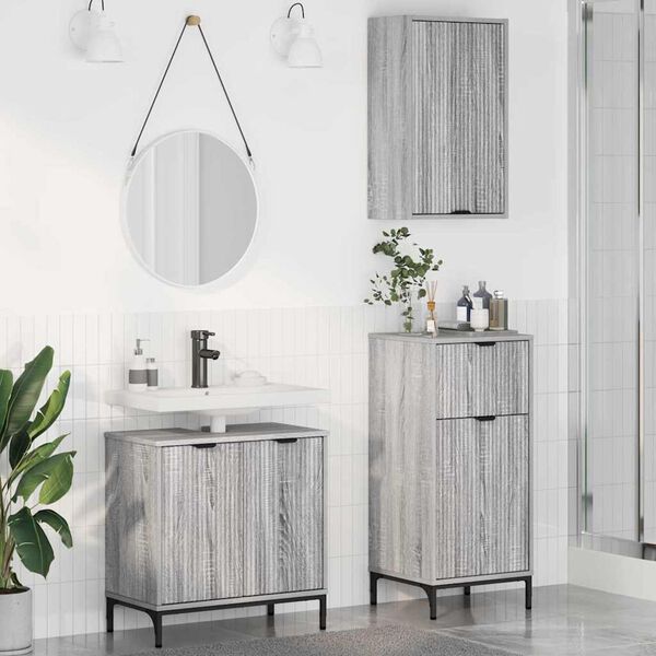 vidaXL Badezimmerm&ouml;bel Set mit Regal 3 pcs Grau Sonoma Holzwerkstoff