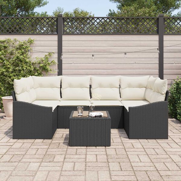 vidaXL Sofa Set mit Kissen 7 pcs Schwarz und Creme Poly-Rattan