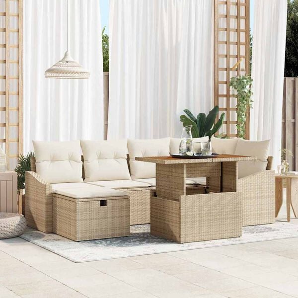 vidaXL Garten-Sofa-Set mit Kissen mit Speicher 7 pcs Beige Poly Rattan