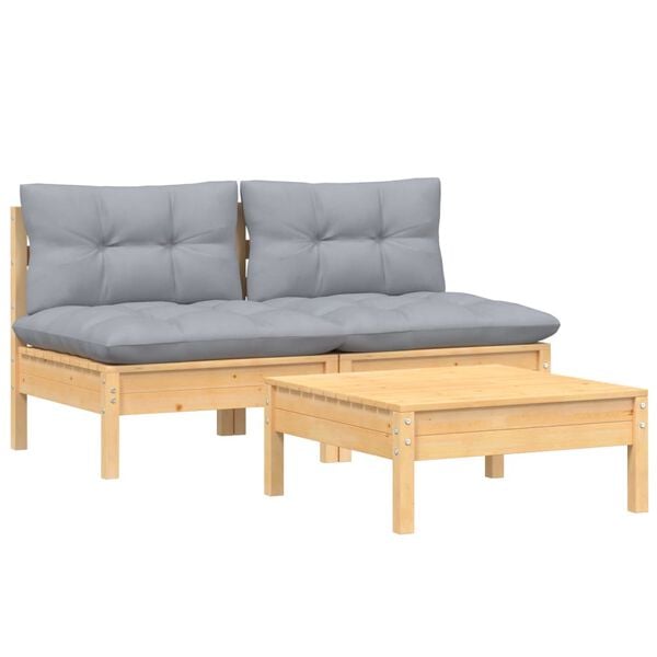 vidaXL 3-tlg. Garten-Lounge-Set mit Grauen Kissen Kiefernholz