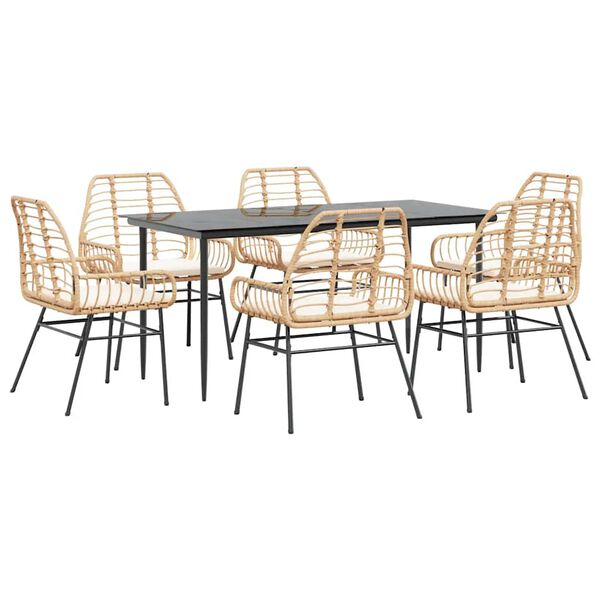 vidaXL 7-tlg. Garten-Essgruppe mit Kissen Braun Poly Rattan Glas