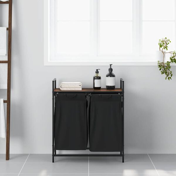 vidaXL W&auml;schekorb 2 F&auml;cher mit Ablage Braun Eichen-Optik