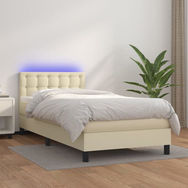 vidaXL Boxspringbett mit Matratze & LED Creme 90x190 cm Kunstleder