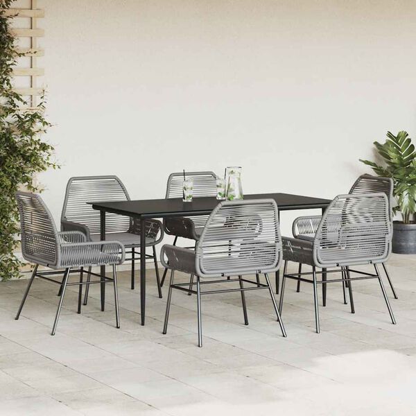 vidaXL 7-tlg. Garten-Essgruppe mit Kissen Grau Poly Rattan Glas