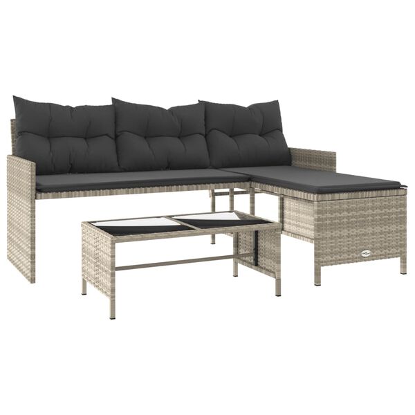 vidaXL Gartensofa in L-Form mit Tisch und Kissen Hellgrau Poly Rattan