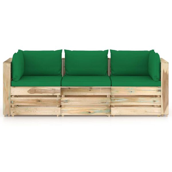 vidaXL 3-Sitzer Outdoor-Sofa mit Kissen Gr&uuml;n Impr&auml;gniertes Holz