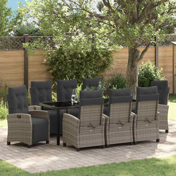 vidaXL Garten Essgruppe mit Kissen 9 pcs Grau Poly-Rattan