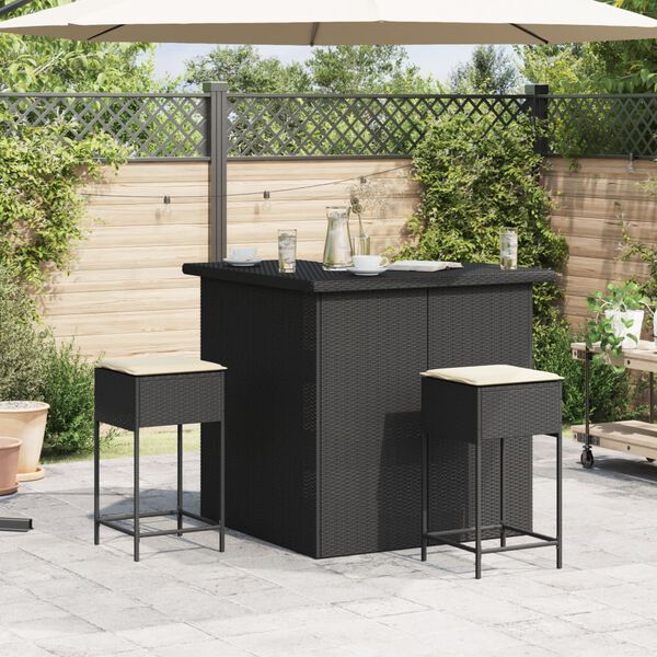 vidaXL 3-tlg. Gartenbar-Set mit Kissen Schwarz Poly Rattan