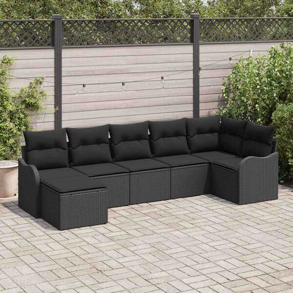 vidaXL Garten-Sofa-Set mit Kissen 7 pcs Schwarz Poly Rattan