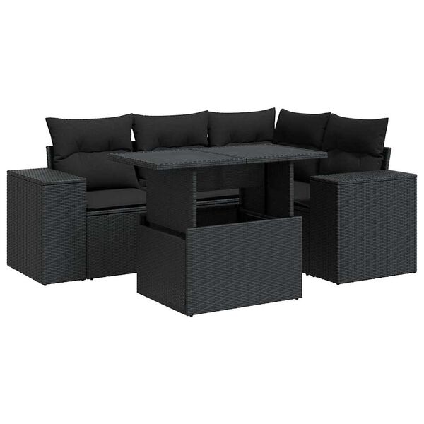 vidaXL 5-tlg. Garten-Sofagarnitur mit Kissen Schwarz Poly Rattan