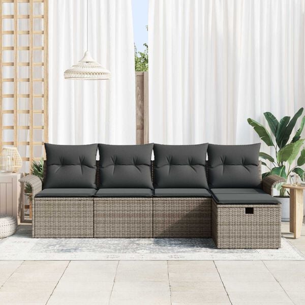vidaXL Garten-Sofa-Set mit Kissen mit Speicher 5 pcs Grau Poly Rattan