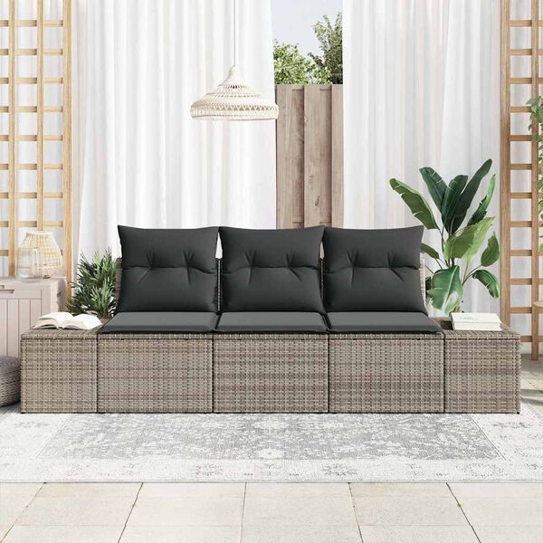 vidaXL Sofa Set mit Kissen 3 pcs Grau Poly-Rattan